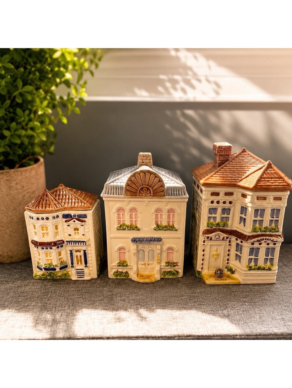1980 Avon Townhouse Canister Collection Hand Painted Set of 3